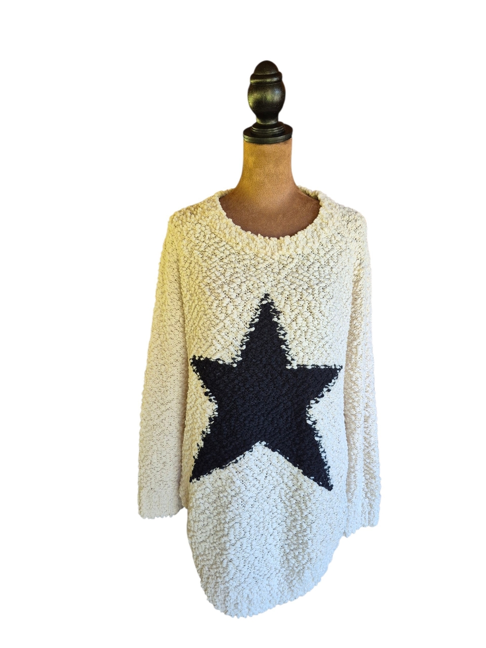 Doe & Rae Cream Bouclé Crewneck Sweater with Black Star
